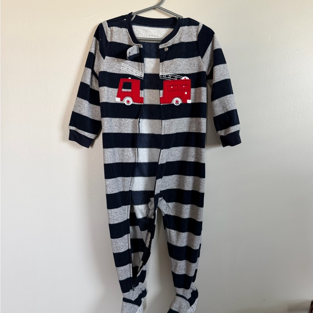 Carter's Navy and Gray Striped Fire Truck Footie